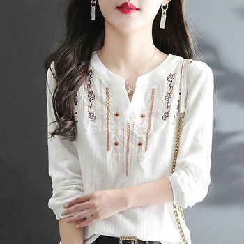 Бременна дамска памучна бяла риза с дълги ръкави пролет и есен 2023 г. Свободна бродерия в етнически стил V-образно деколте Горнище за бременни LF060