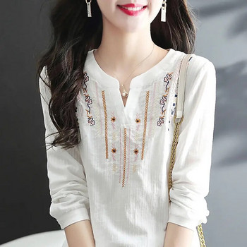 Бременна дамска памучна бяла риза с дълги ръкави пролет и есен 2023 г. Свободна бродерия в етнически стил V-образно деколте Горнище за бременни LF060
