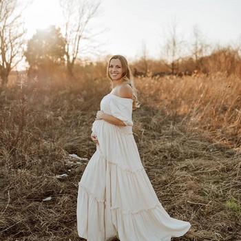 Boho Μακρύ Φόρεμα Φωτογράφησης Εγκυμοσύνης για Baby Shower Photo Shoot Off The Shoulder Dress Props