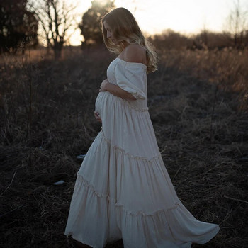 Boho Μακρύ Φόρεμα Φωτογράφησης Εγκυμοσύνης για Baby Shower Photo Shoot Off The Shoulder Dress Props