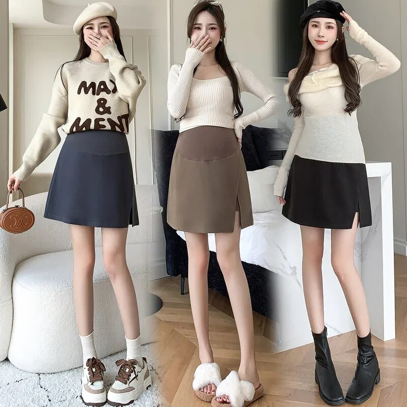 2023 m. žiemos nėščios moters sijonai ant pilvo Dirbtiniai dviejų dalių sijonai su aukštu juosmeniu, išilgai šono, A formos sijonas nėščiosioms su šortų pamušalu