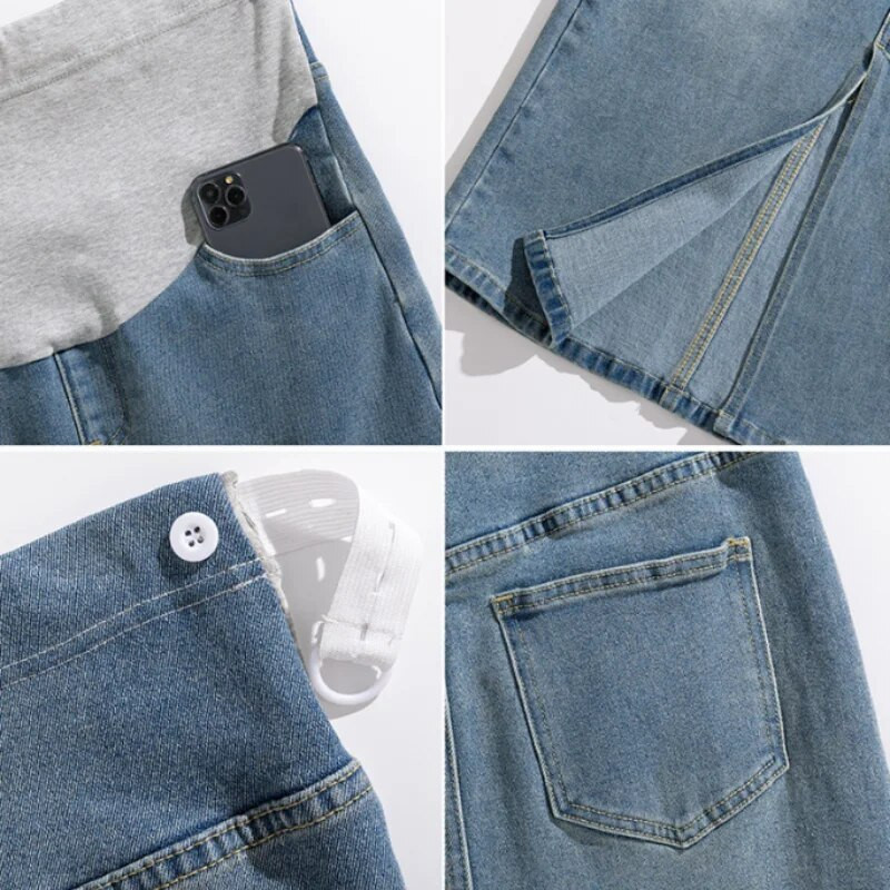 Nėščioms moterims suskirstytas džinsinis pussijonas, vidutinio ilgio moteriškas A formos sijonas, apvyniotas ant klubų