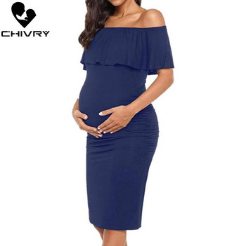 Chivry Έγκυες Γυναίκες Φόρεμα εγκυμοσύνης Μόδα κοντό μανίκι πλατύ λαιμό βολάν Μαμά Φόρεμα ρούχα εγκυμοσύνης