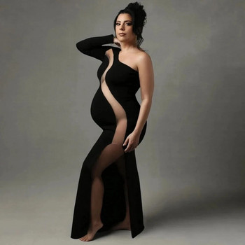 Μαύρο κομψό φόρεμα φωτογράφισης εγκυμοσύνης Σέξι βραδινές τουαλέτες με έναν ώμο Stretch μακρυμάνικο φόρεμα φωτογραφίας εγκύων γυναικών