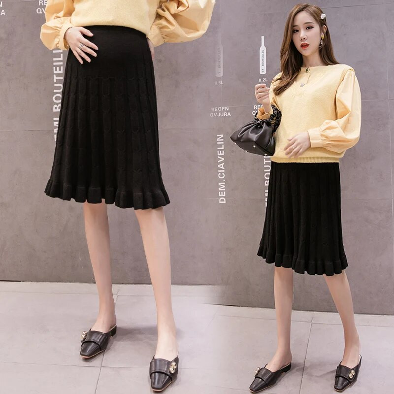 Sügisene põlvedeni rasedate naiste plisseeritud silmkoelised seelikud Poolpikk seelik õhuke puusi toetav kõhtu raseda seelik must