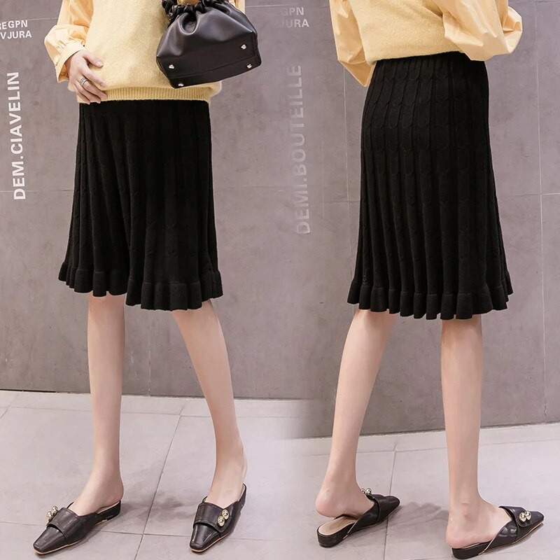 Sügisene põlvedeni rasedate naiste plisseeritud silmkoelised seelikud Poolpikk seelik õhuke puusi toetav kõhtu raseda seelik must