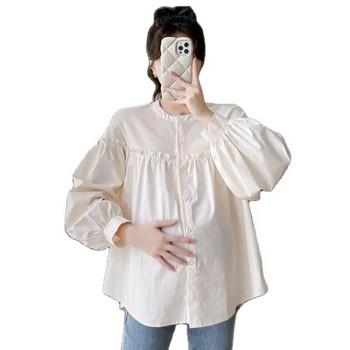 Есен 2023 г. Широки плисирани ризи за бременни жени В корейски стил с волани Пачуърк Блузи с бална рокля с дълъг ръкав Сладко горнище за бременност