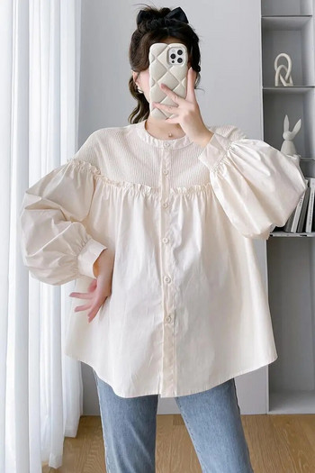 Есен 2023 г. Широки плисирани ризи за бременни жени В корейски стил с волани Пачуърк Блузи с бална рокля с дълъг ръкав Сладко горнище за бременност