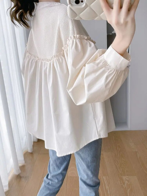 2023 Φθινόπωρο Έγκυος Φαρδιά Πλισέ Πουκάμισα Κορεάτικου Στιλ Βολάν Μακρυμάνικα Μακρυμάνικα Μπλούζες Μπλούζες Γλυκό μπλουζάκι εγκυμοσύνης