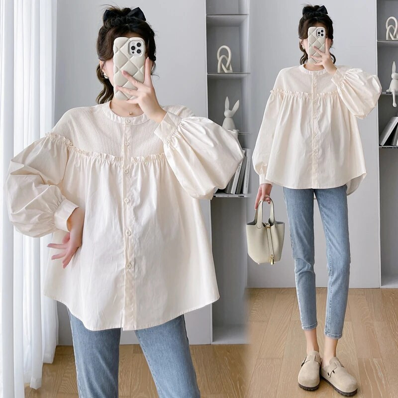 2023 Φθινόπωρο Έγκυος Φαρδιά Πλισέ Πουκάμισα Κορεάτικου Στιλ Βολάν Μακρυμάνικα Μακρυμάνικα Μπλούζες Μπλούζες Γλυκό μπλουζάκι εγκυμοσύνης