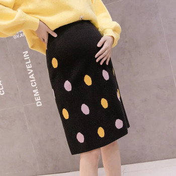 Есенна пола за корем за бременни в корейски стил Висока талия, тънък ханш Плетени поли, цветна пола-молив за бременни на точки