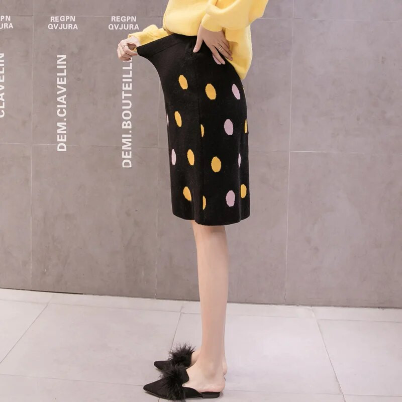 Korea stiilis sügisene rasedate naiste seelik, kõrge vöökoht, õhukesed puusad, silmkoelised seelikud, värvi täpiline rasedate pliiatsi seelik