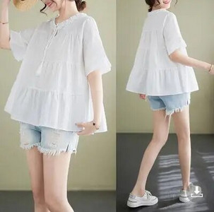 Didelio dydžio moteriški marškiniai trumpomis rankovėmis tuščiaviduriai nėriniai kratinys su gėlėmis siuvinėti nėščiosioms baltos palaidinės Nėštumo medvilniniai marškiniai