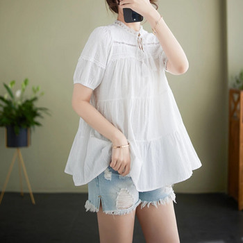 Γυναικείο πουκάμισο με κοντό μανίκι με κούφιο δαντέλα με λουλουδάτο κέντημα λευκές μπλούζες εγκυμοσύνης Βαμβακερό πουκάμισο