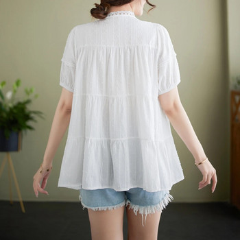 Големи размери Дамски ризи с къс ръкав, дантелена пачуърк, флорална бродерия, бели блузи за бременни, памучна риза