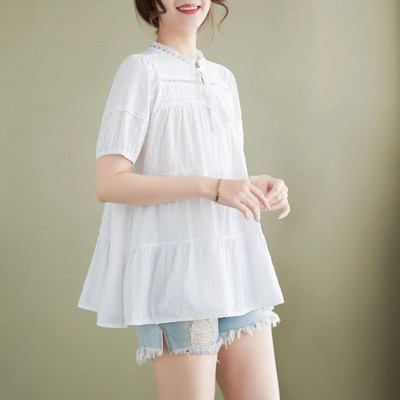 Didelio dydžio moteriški marškiniai trumpomis rankovėmis tuščiaviduriai nėriniai kratinys su gėlėmis siuvinėti nėščiosioms baltos palaidinės Nėštumo medvilniniai marškiniai