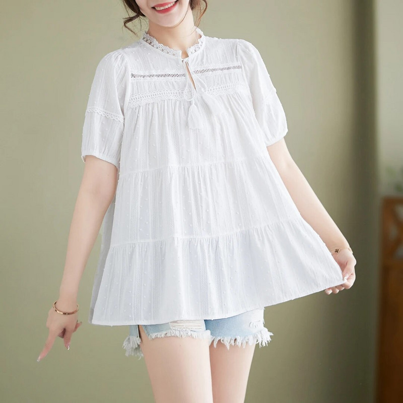 Didelio dydžio moteriški marškiniai trumpomis rankovėmis tuščiaviduriai nėriniai kratinys su gėlėmis siuvinėti nėščiosioms baltos palaidinės Nėštumo medvilniniai marškiniai