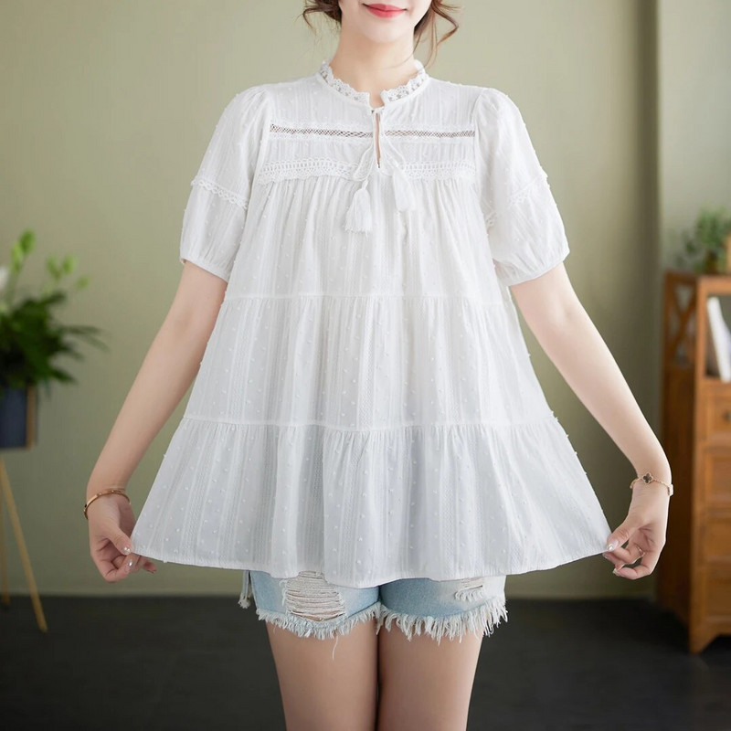 Didelio dydžio moteriški marškiniai trumpomis rankovėmis tuščiaviduriai nėriniai kratinys su gėlėmis siuvinėti nėščiosioms baltos palaidinės Nėštumo medvilniniai marškiniai