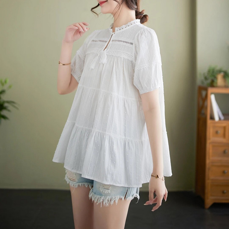 Didelio dydžio moteriški marškiniai trumpomis rankovėmis tuščiaviduriai nėriniai kratinys su gėlėmis siuvinėti nėščiosioms baltos palaidinės Nėštumo medvilniniai marškiniai