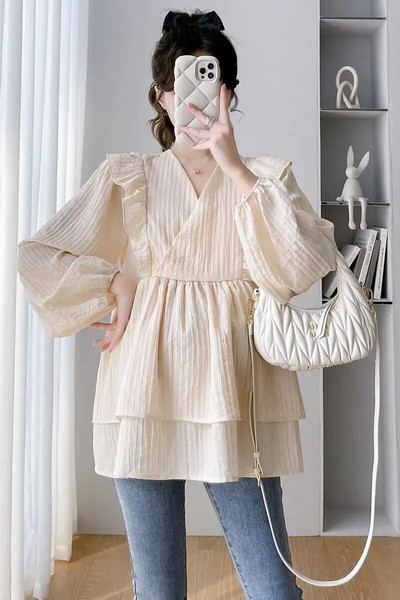 202 Φθινοπωρινά μπλουζάκια εγκυμοσύνης με λαιμόκοψη V με βολάν με μακριά μανίκια με φανάρι διπλών στρώσεων Γλυκές μπλούζες από σιφόν έγκυες φαρδιά μπλούζες