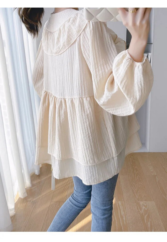 202 Φθινοπωρινά μπλουζάκια εγκυμοσύνης με λαιμόκοψη V με βολάν με μακριά μανίκια με φανάρι διπλών στρώσεων Γλυκές μπλούζες από σιφόν έγκυες φαρδιά μπλούζες