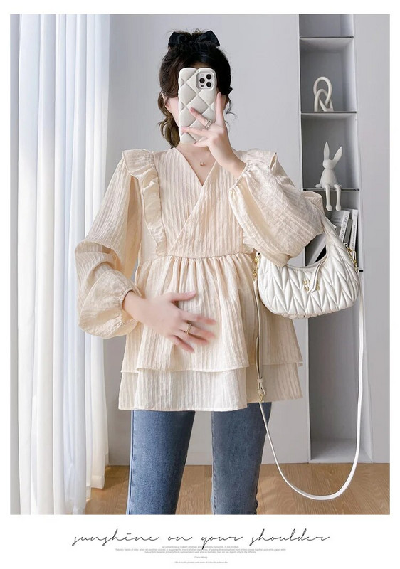 202 Φθινοπωρινά μπλουζάκια εγκυμοσύνης με λαιμόκοψη V με βολάν με μακριά μανίκια με φανάρι διπλών στρώσεων Γλυκές μπλούζες από σιφόν έγκυες φαρδιά μπλούζες