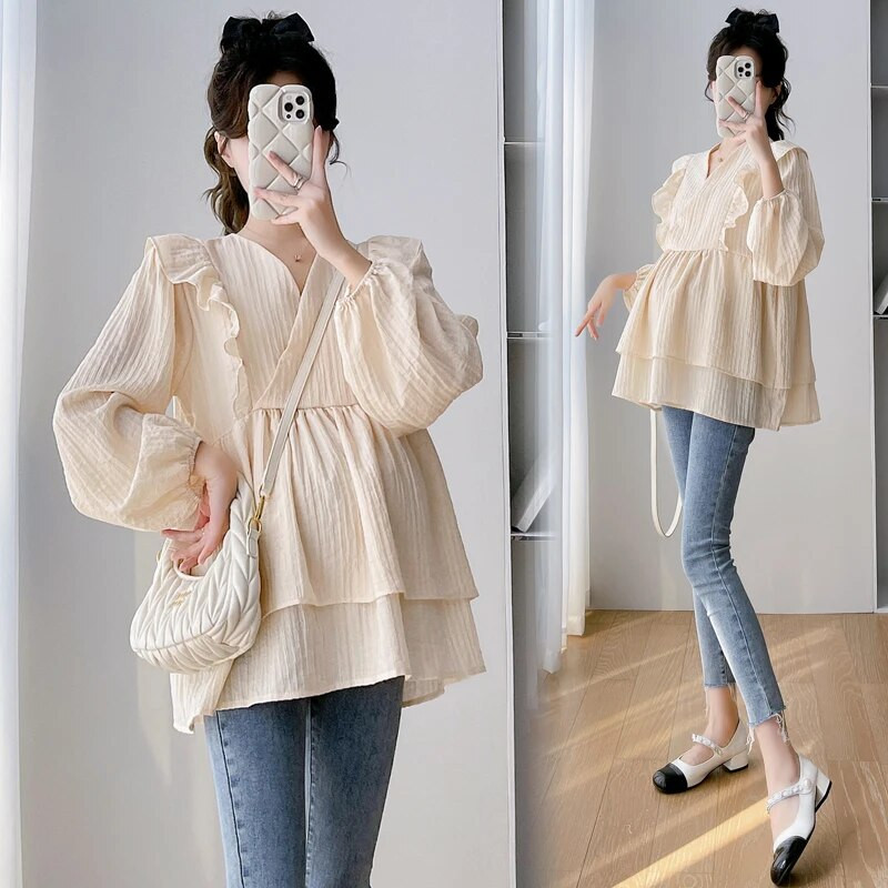 202 Φθινοπωρινά μπλουζάκια εγκυμοσύνης με λαιμόκοψη V με βολάν με μακριά μανίκια με φανάρι διπλών στρώσεων Γλυκές μπλούζες από σιφόν έγκυες φαρδιά μπλούζες