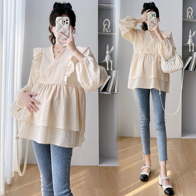 202 Φθινοπωρινά μπλουζάκια εγκυμοσύνης με λαιμόκοψη V με βολάν με μακριά μανίκια με φανάρι διπλών στρώσεων Γλυκές μπλούζες από σιφόν έγκυες φαρδιά μπλούζες