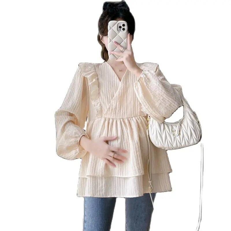 202 Φθινοπωρινά μπλουζάκια εγκυμοσύνης με λαιμόκοψη V με βολάν με μακριά μανίκια με φανάρι διπλών στρώσεων Γλυκές μπλούζες από σιφόν έγκυες φαρδιά μπλούζες