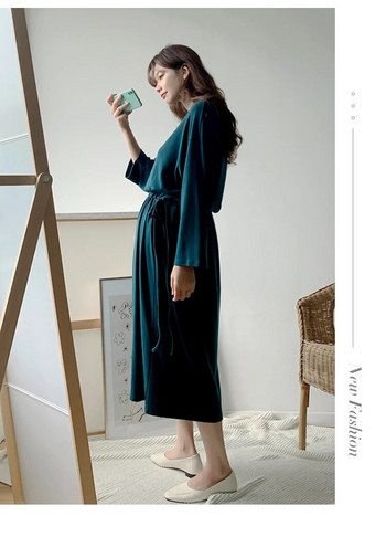 Κορεάτικο μονόχρωμο φόρεμα σιφόν εγκυμοσύνης μακρυμάνικο κορδόνι μέσης έγκυος γυναίκα φόρεμα σιφόν ρούχα εγκυμοσύνης