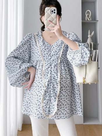 Φθινοπωρινά λουλουδάτα πουκάμισα μητρότητας 2023 Μακρυμάνικα με λαιμόκοψη σε σχήμα V Μόδα εκτύπωση Μπλούζες από σιφόν έγκυες Γλυκά ρούχα εγκυμοσύνης