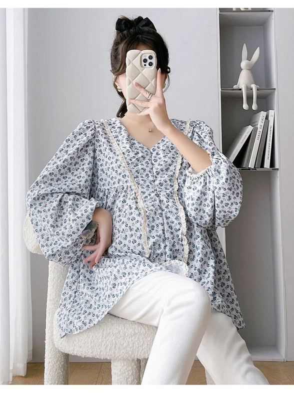 2023 m. rudens nėščiosioms gėlėti marškiniai ilgomis rankovėmis V formos iškirpte, mados spauda nėščioms moterims šifono palaidinės Saldūs nėštumo drabužiai