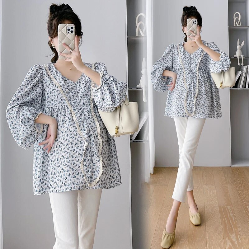 2023 m. rudens nėščiosioms gėlėti marškiniai ilgomis rankovėmis V formos iškirpte, mados spauda nėščioms moterims šifono palaidinės Saldūs nėštumo drabužiai