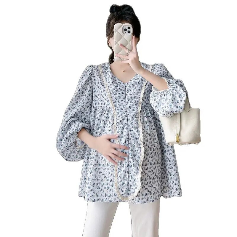 2023 m. rudens nėščiosioms gėlėti marškiniai ilgomis rankovėmis V formos iškirpte, mados spauda nėščioms moterims šifono palaidinės Saldūs nėštumo drabužiai