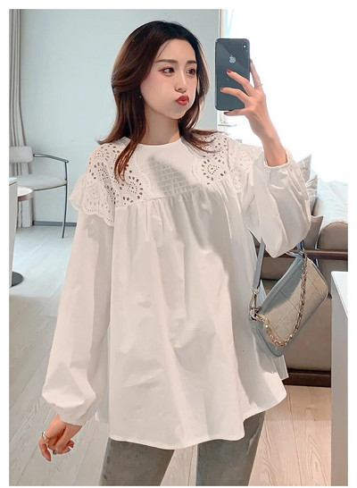 2023. gada pavasara modes izliekti grūtnieču kokvilnas blūzes ar garām piedurknēm ar O veida kakla izgriezumu grūtnieču tops brīvi, saldi grūtniecības krekli, balti