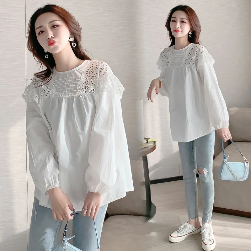 2023. gada pavasara modes izliekti grūtnieču kokvilnas blūzes ar garām piedurknēm ar O veida kakla izgriezumu grūtnieču tops brīvi, saldi grūtniecības krekli, balti