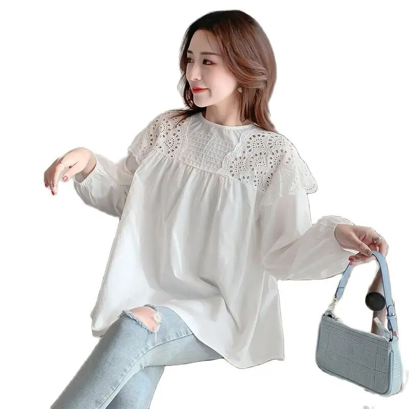 2023. gada pavasara modes izliekti grūtnieču kokvilnas blūzes ar garām piedurknēm ar O veida kakla izgriezumu grūtnieču tops brīvi, saldi grūtniecības krekli, balti