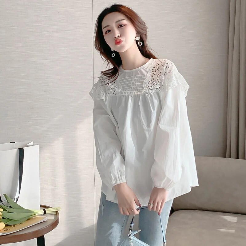 2023. gada pavasara modes izliekti grūtnieču kokvilnas blūzes ar garām piedurknēm ar O veida kakla izgriezumu grūtnieču tops brīvi, saldi grūtniecības krekli, balti