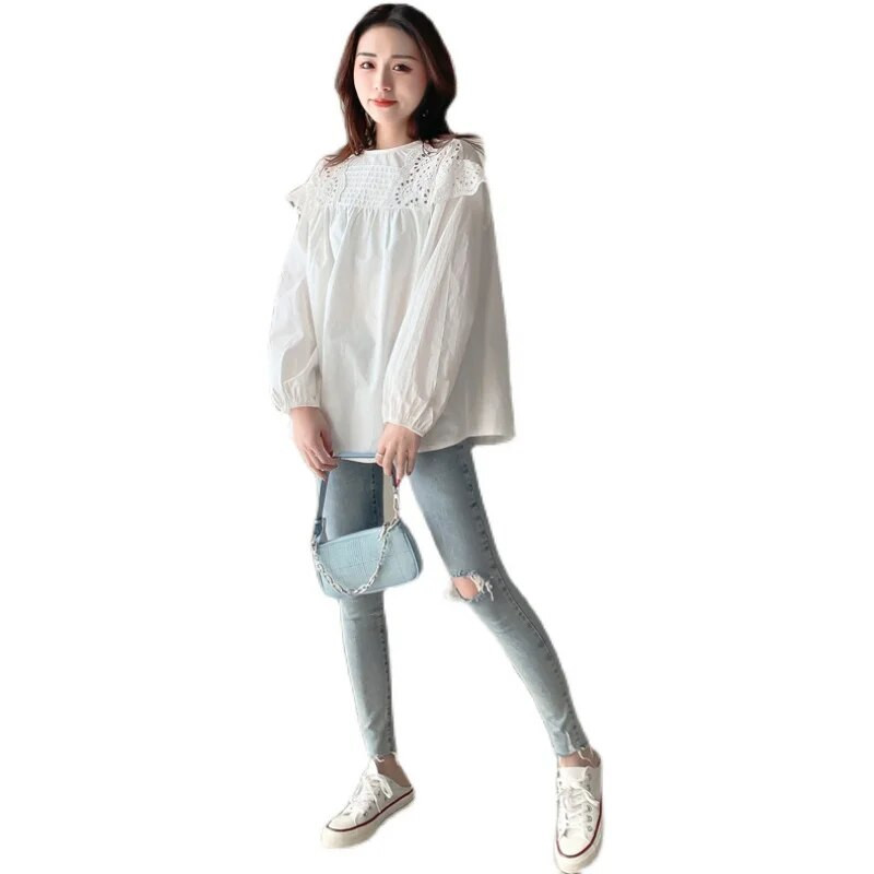 2023. gada pavasara modes izliekti grūtnieču kokvilnas blūzes ar garām piedurknēm ar O veida kakla izgriezumu grūtnieču tops brīvi, saldi grūtniecības krekli, balti