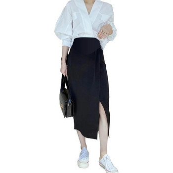 Μπροστινό χωρισμένο ακανόνιστες φούστες κοιλιάς εγκυμοσύνης Μόδα ψηλή μέση Έγκυος μαύρες φούστες Κορεάτικο στυλ Ρούχα εγκυμοσύνης φαρδιά