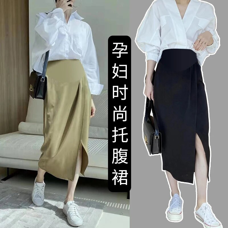 Priekyje suskirstyti netaisyklingi sijonai nėščiosioms pilvo madingi aukštu juosmeniu nėščiai moteriai juodi sijonai korėjietiško stiliaus nėščiosioms laisvi