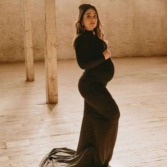 Nėščiųjų suknelė fotosesijai Juoda fotosesijos suknelės ilgomis rankovėmis pamergė Nėščioms Moteriški drabužiai nėščiosioms