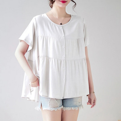 Pingutusnööriga vöökoht Rasedussärgid Suvised lühikeste varrukatega O-kaelusega nööpkärbsega rasedate pluusid Lahtised rasedatele mõeldud šifoonsärgid