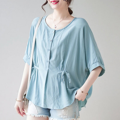 Pingutusnööriga vöökoht Rasedussärgid Suvised lühikeste varrukatega O-kaelusega nööpkärbsega rasedate pluusid Lahtised rasedatele mõeldud šifoonsärgid