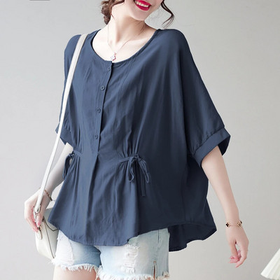 Pingutusnööriga vöökoht Rasedussärgid Suvised lühikeste varrukatega O-kaelusega nööpkärbsega rasedate pluusid Lahtised rasedatele mõeldud šifoonsärgid