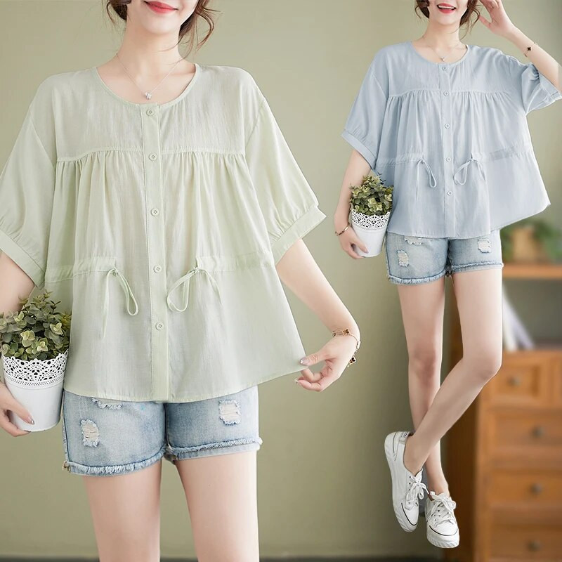 Pingutusnööriga vöökoht Rasedussärgid Suvised lühikeste varrukatega O-kaelusega nööpkärbsega rasedate pluusid Lahtised rasedatele mõeldud šifoonsärgid