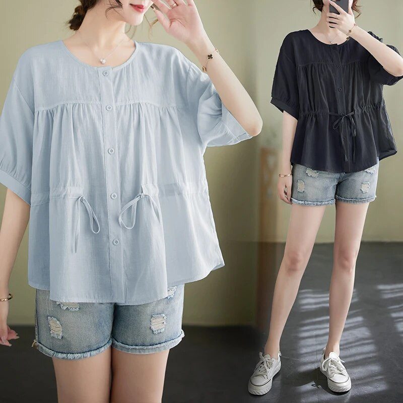 Pingutusnööriga vöökoht Rasedussärgid Suvised lühikeste varrukatega O-kaelusega nööpkärbsega rasedate pluusid Lahtised rasedatele mõeldud šifoonsärgid