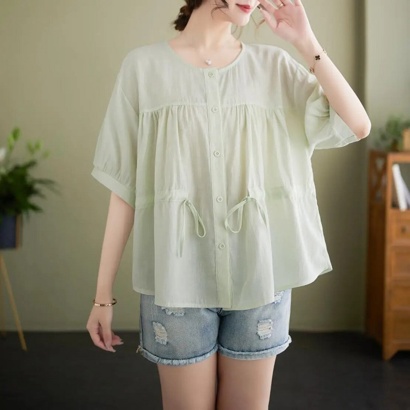 Pingutusnööriga vöökoht Rasedussärgid Suvised lühikeste varrukatega O-kaelusega nööpkärbsega rasedate pluusid Lahtised rasedatele mõeldud šifoonsärgid