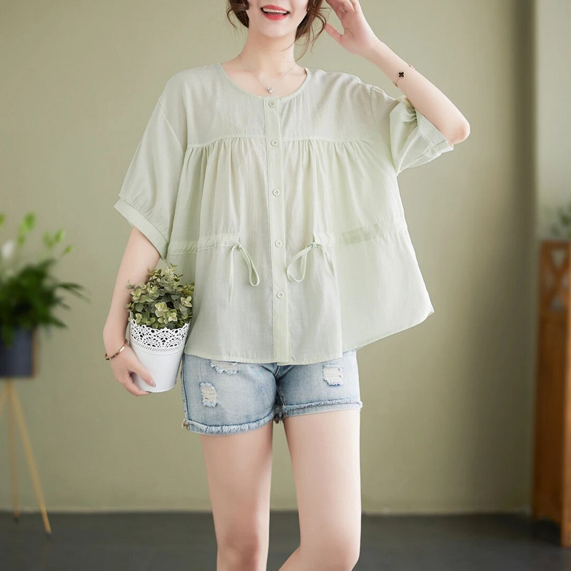 Pingutusnööriga vöökoht Rasedussärgid Suvised lühikeste varrukatega O-kaelusega nööpkärbsega rasedate pluusid Lahtised rasedatele mõeldud šifoonsärgid