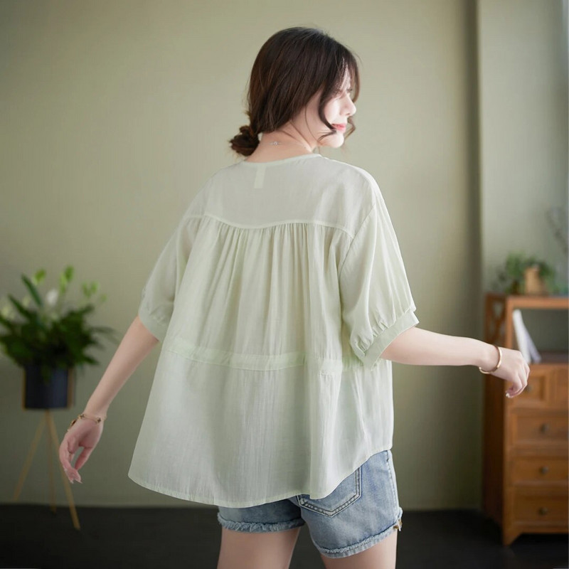 Pingutusnööriga vöökoht Rasedussärgid Suvised lühikeste varrukatega O-kaelusega nööpkärbsega rasedate pluusid Lahtised rasedatele mõeldud šifoonsärgid